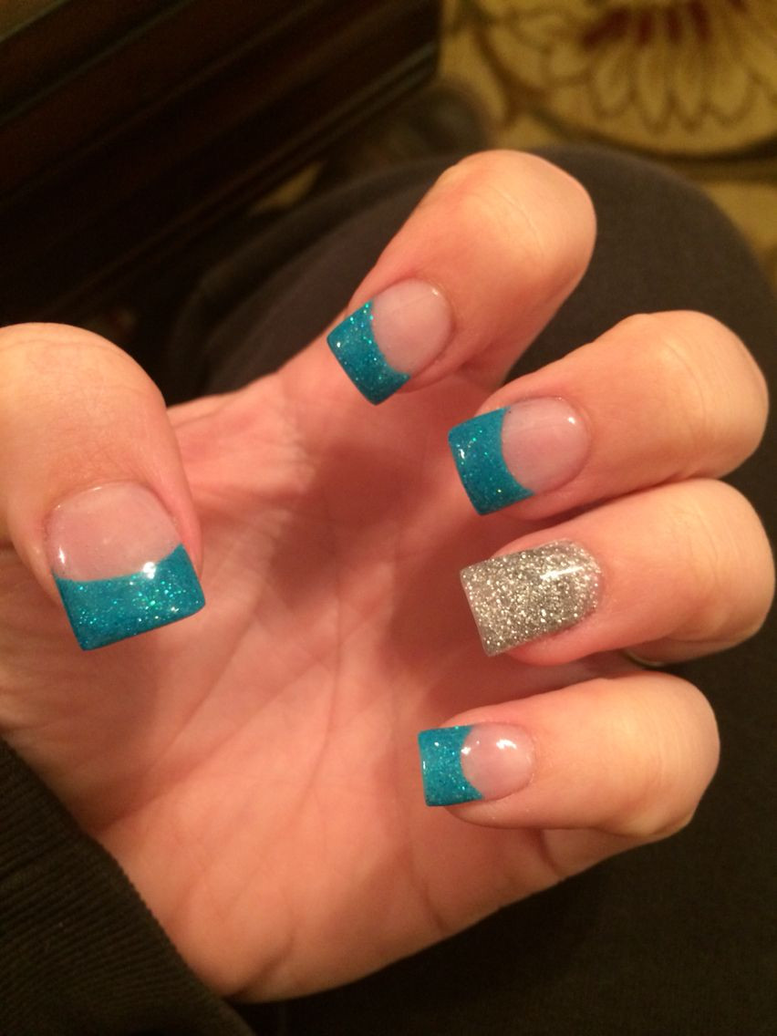 Acrylic Nail Designs French Tip
 Teal and silver acrylic nails