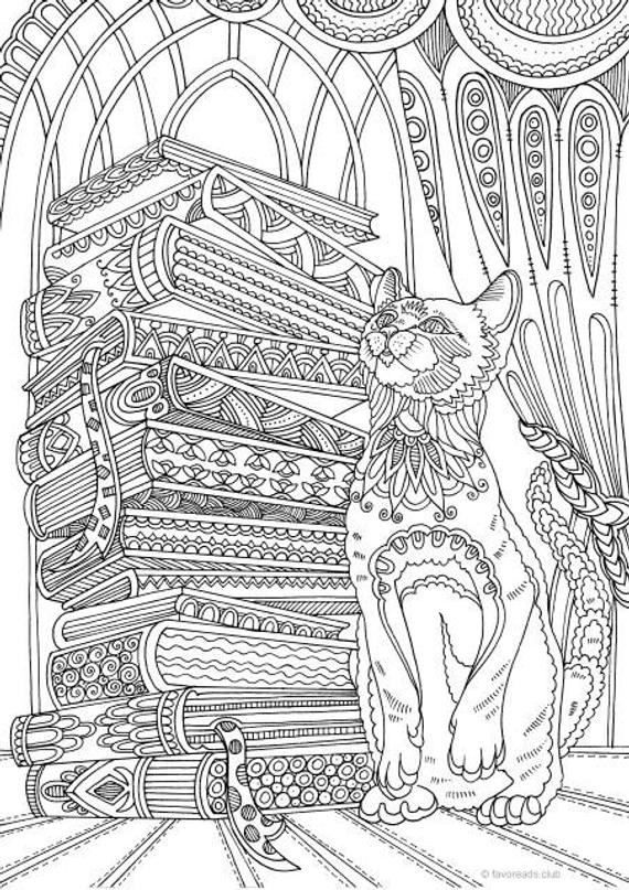 Advanced Coloring Books For Adults
 Cat and Books Printable Adult Coloring Page from Favoreads