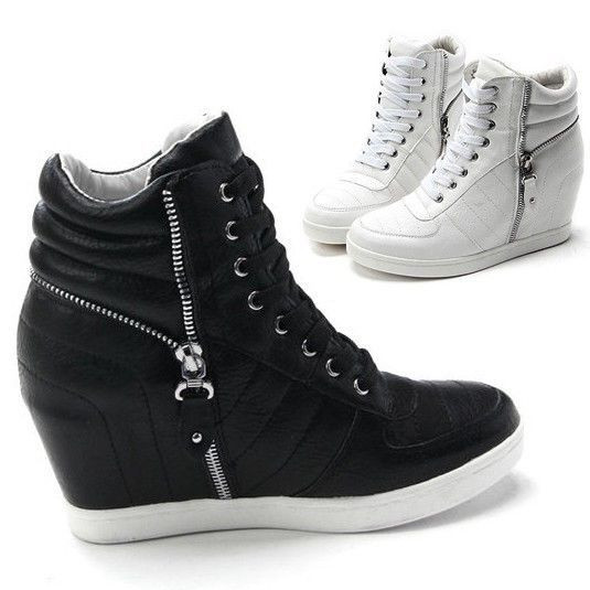 Anklet With Sneakers
 Womens Black White Zippers High Top Hidden Wedge Sneakers