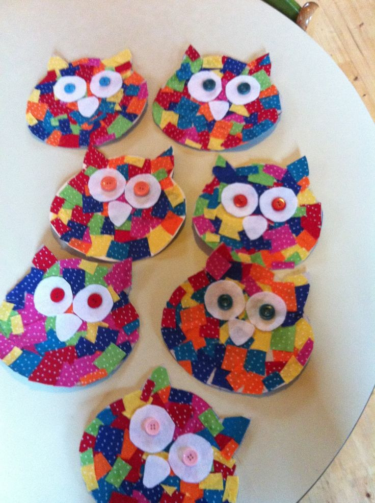 Art And Craft Activities For Preschoolers
 Cardboard owl cutout Small fabric squares glued on to
