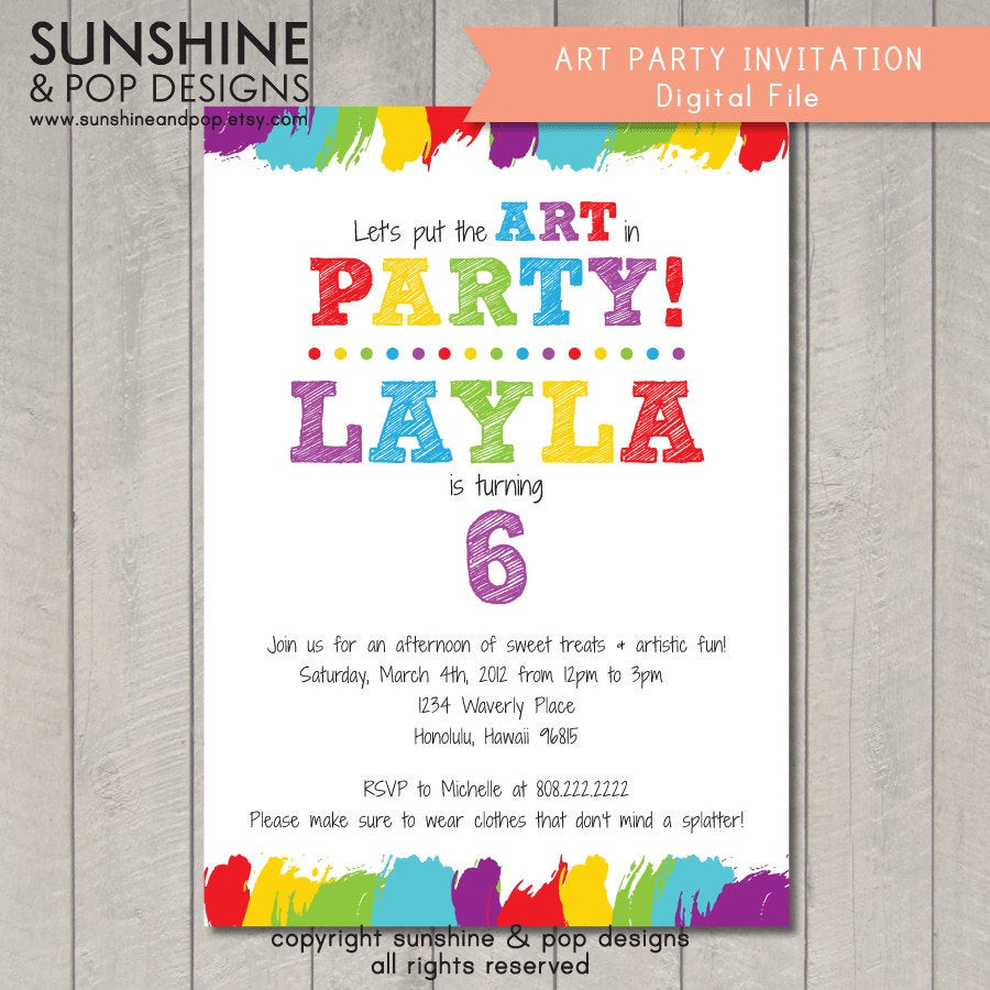 Art Birthday Party Invitations
 Items similar to Printable Art Party Invitation Birthday