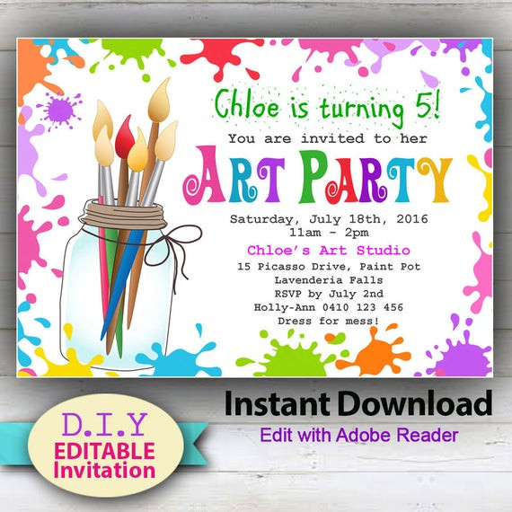 Art Birthday Party Invitations
 EDITABLE Printable Art Party Invitation Children s