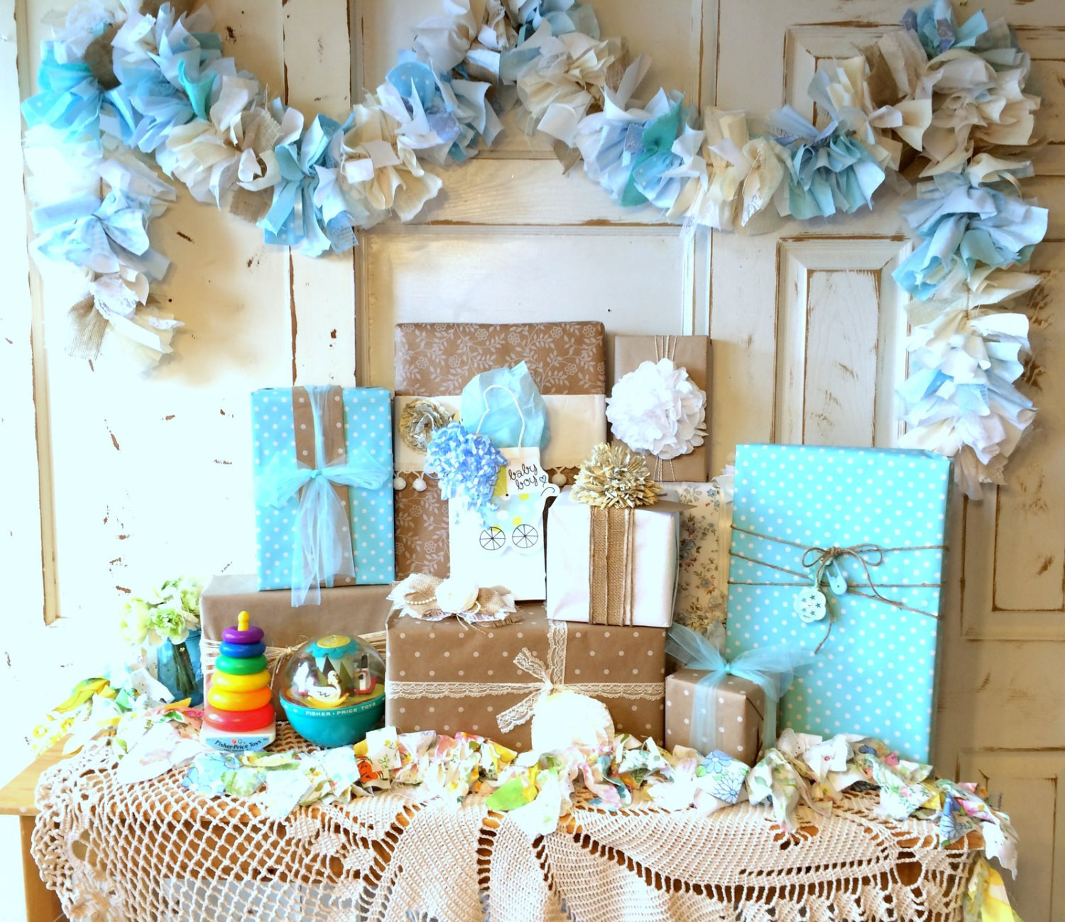 Baby Bathroom Decor
 Burlap and blue Baby Shower Party Decoration 6 10 foot fabric
