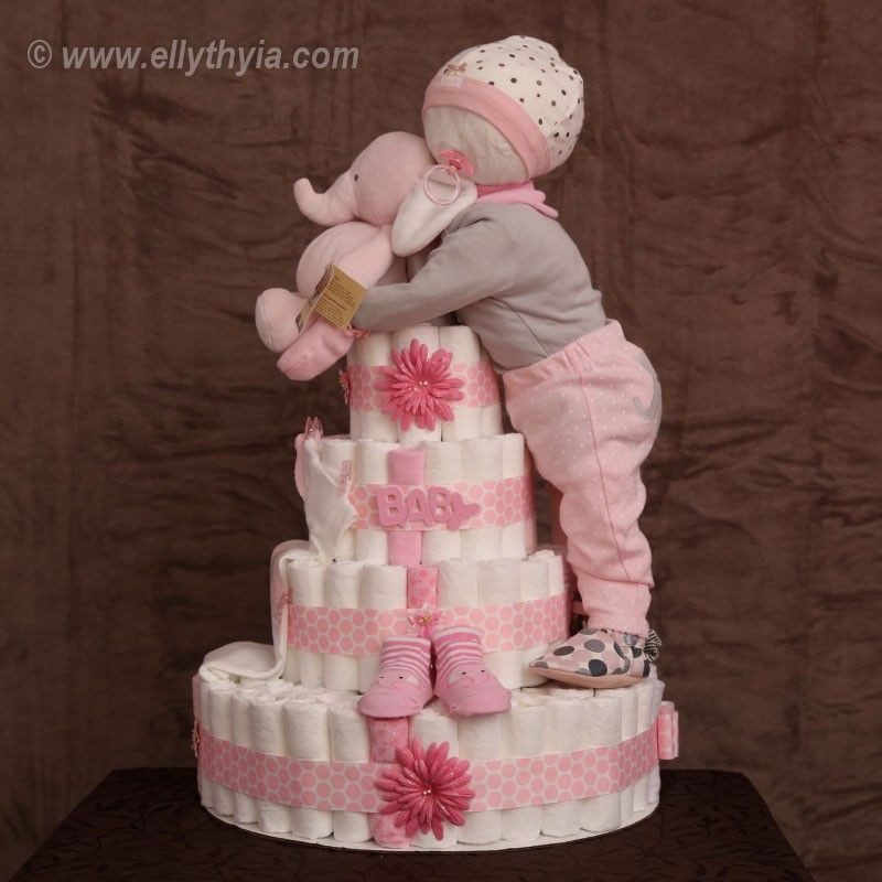 Baby Diaper Cake Diy
 Pink color elephant and baby girl theme diaper cake for