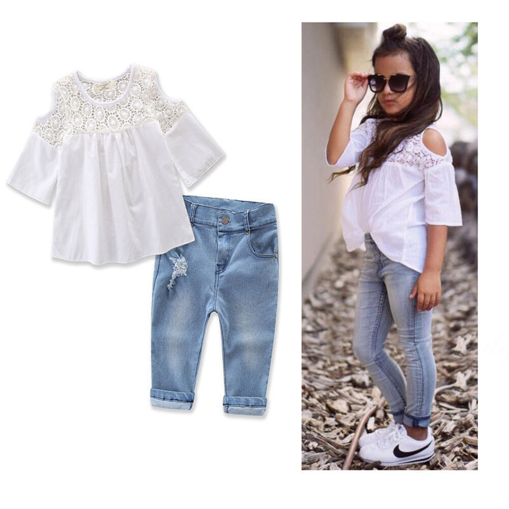 Baby Fashion Clothes
 2PCS Toddler Kids Baby Girl Lace T shirt Tops Denim