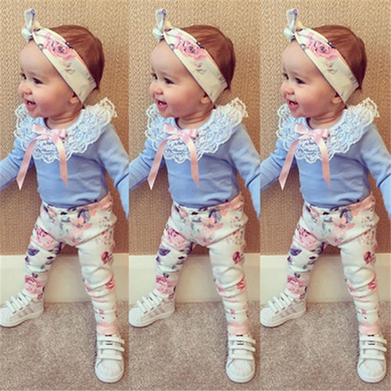 Baby Girl Fashion Outfits
 2016 autumn baby girl clothes 3pcs Headband T shirt Floral