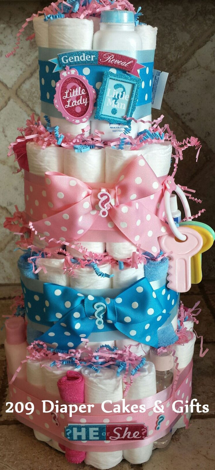 Baby Reveal Party Gifts
 4 Tier Pink & Blue Gender Reveal Diaper Cake by 209 Diaper