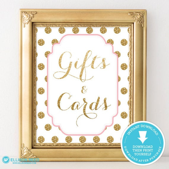 Baby Shower Gift Cards
 Pink and Gold Baby Shower Gift & Cards table sign Polka
