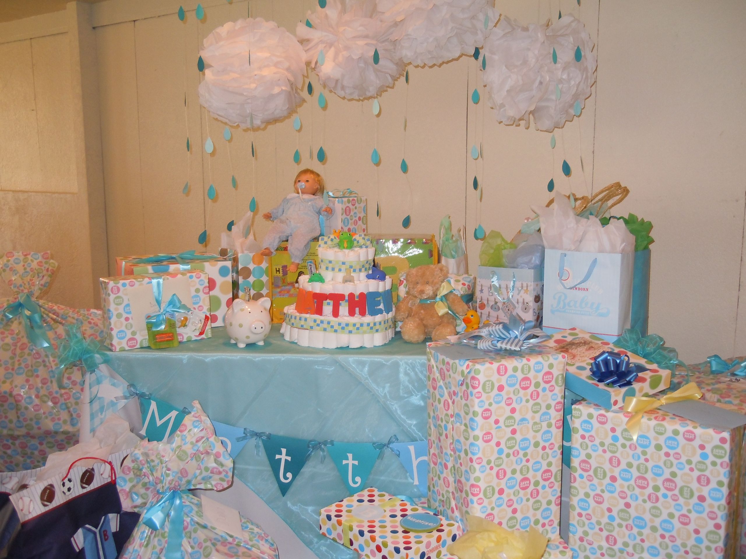Baby Shower Gift Table
 Showered with Love Double the Fun in Blue & Pink