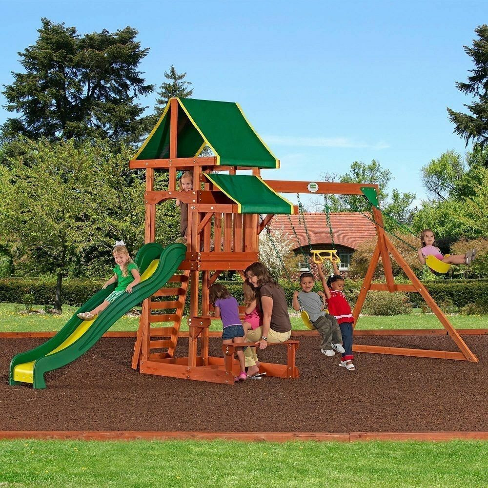 Backyard Swing For Kids
 Outdoor Playground Playset Wooden Swing Set Slide Backyard