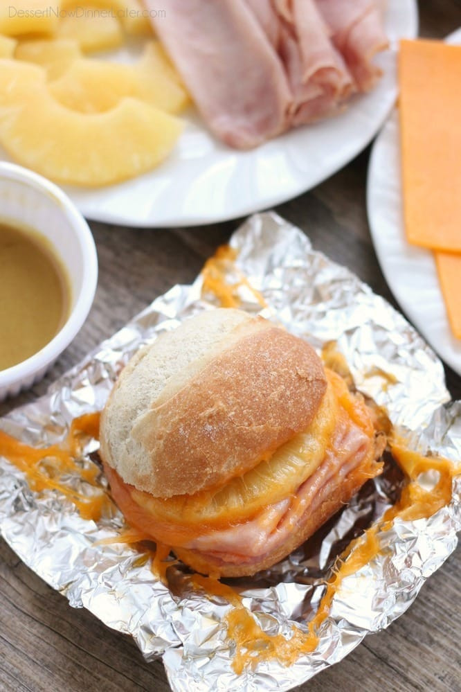 Baked Ham And Cheese Sandwiches In Foil
 Hot Ham and Pineapple Campfire Sandwiches Dessert Now