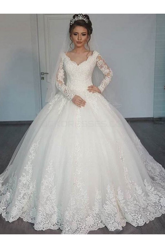 Ball Gown Wedding Dresses
 Bridal Ball Gown V Neck Lace Long Sleeves Wedding Dresses
