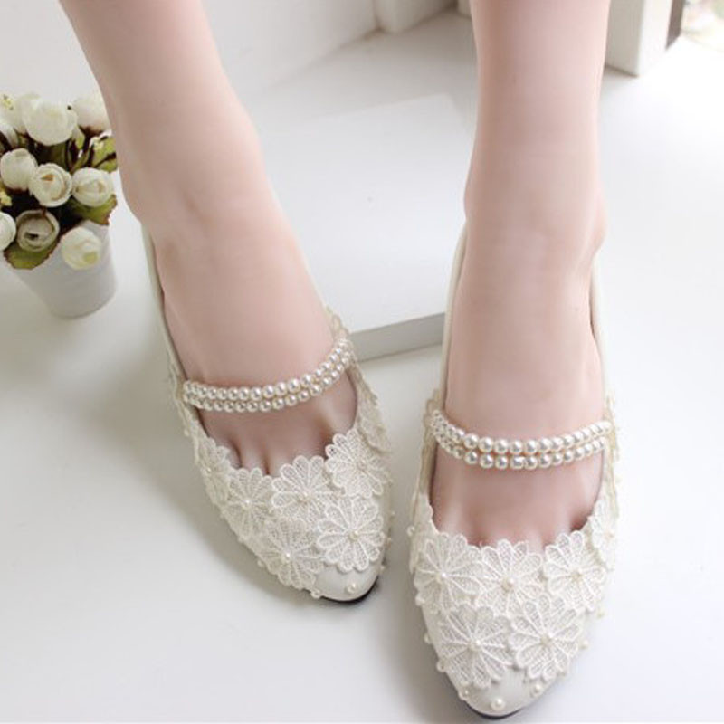 Ballerina Wedding Shoes
 Flat heel white silk floral wedding shoes bridal beading
