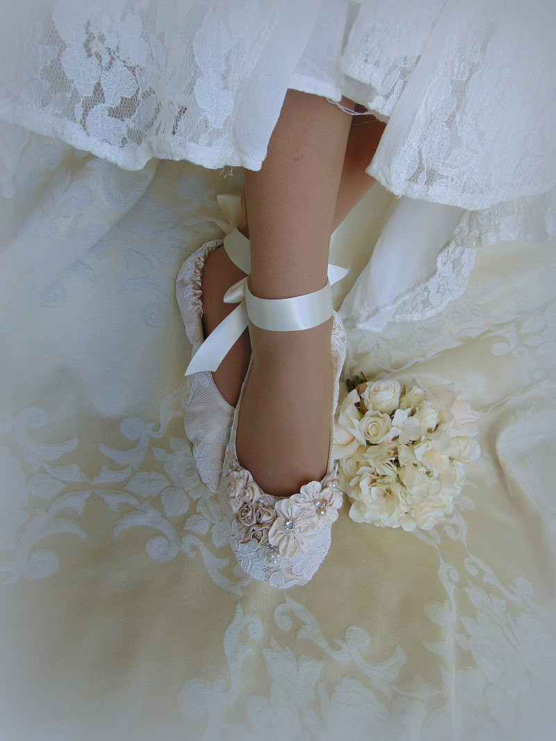 Ballerina Wedding Shoes
 Bride Princess Ballet Slippers Lace Bridal Flat ShoeLace
