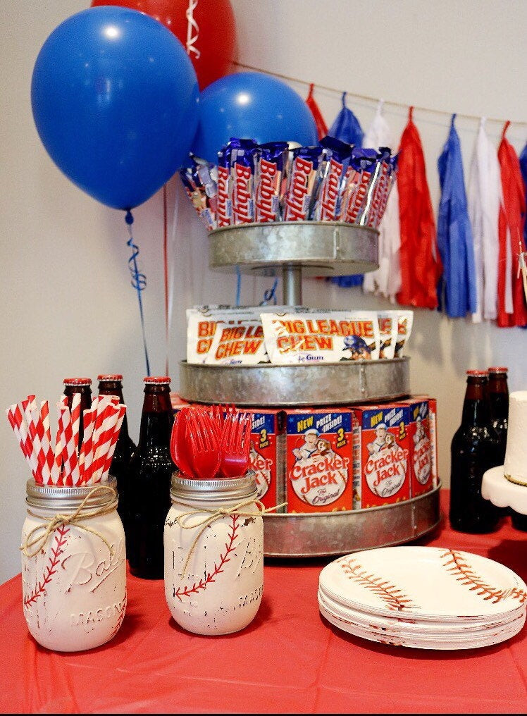 Baseball Themed Birthday Party Ideas
 Painted Mason Jar Set Baseball Themed Party Decor Baseball
