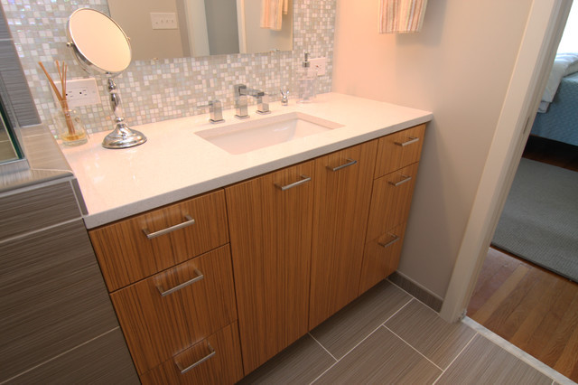 Bathroom Vanity Backsplash
 Vanity with White Countertop and Mosaic Glass Tile Back