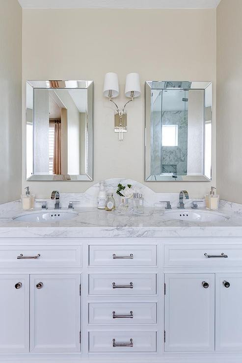 Bathroom Vanity Backsplash
 Curved Marble Dual Vanity Backsplash with Beveled Mirrors