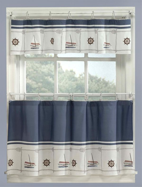 Beach Kitchen Curtains
 Blue Nautical Curtains Valance Tiers Set Cape Cod
