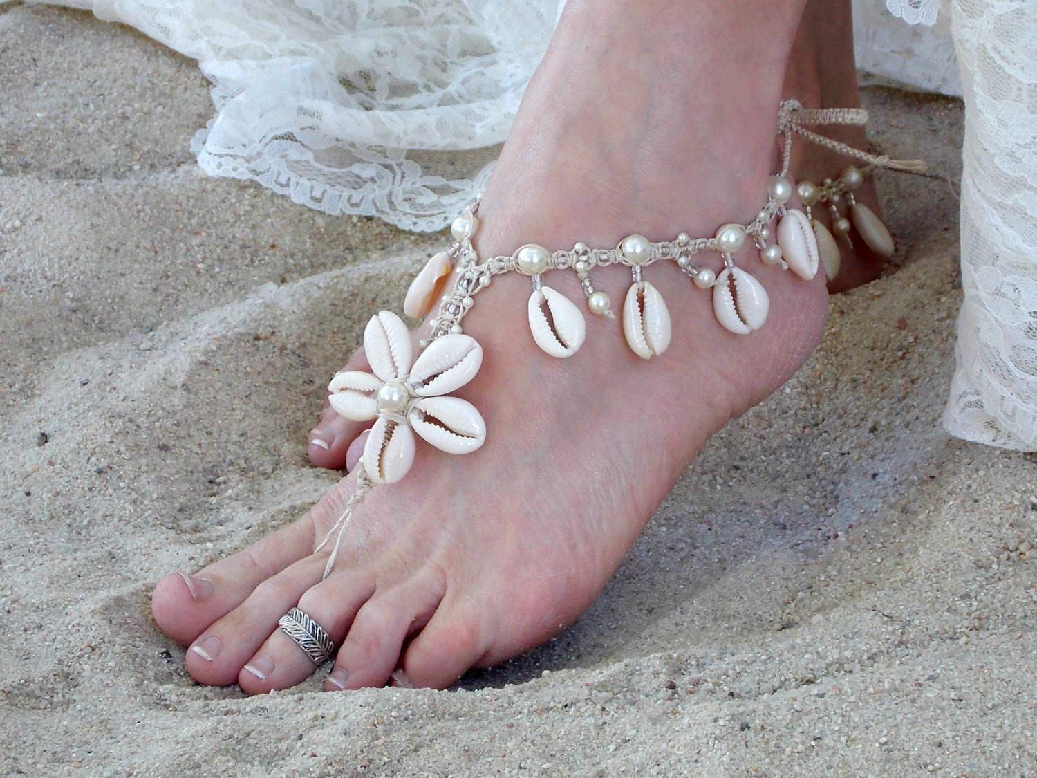 Beach Wedding Barefoot Sandals
 Beach Wedding Barefoot Sandals Cowrie Sea Shell Flower Bride