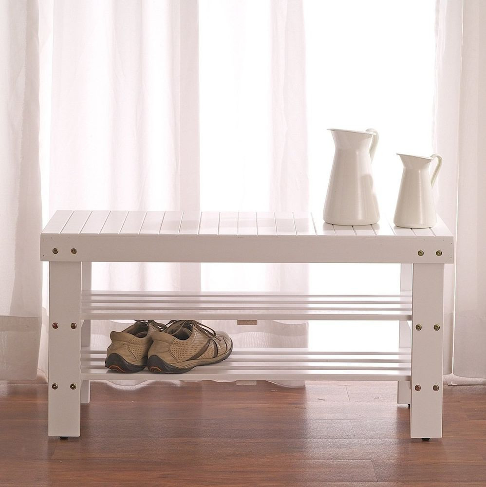 Bench Shoe Storage
 2 Tiers Wooden Shoe Bench Rack in White Finish