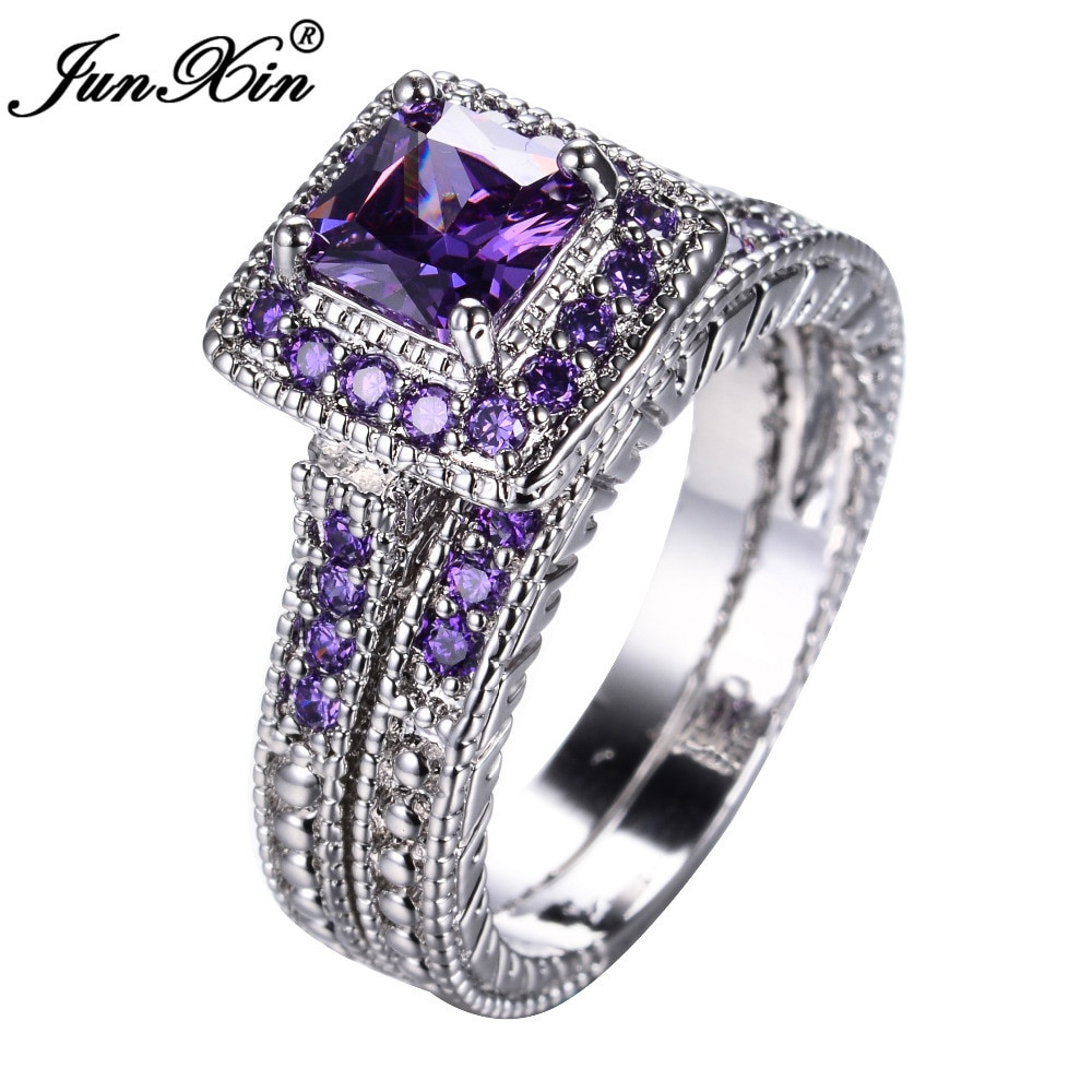 Best Wedding Rings For Women
 JUNXIN Elegant Purple Ring Set White Gold Filled Wedding