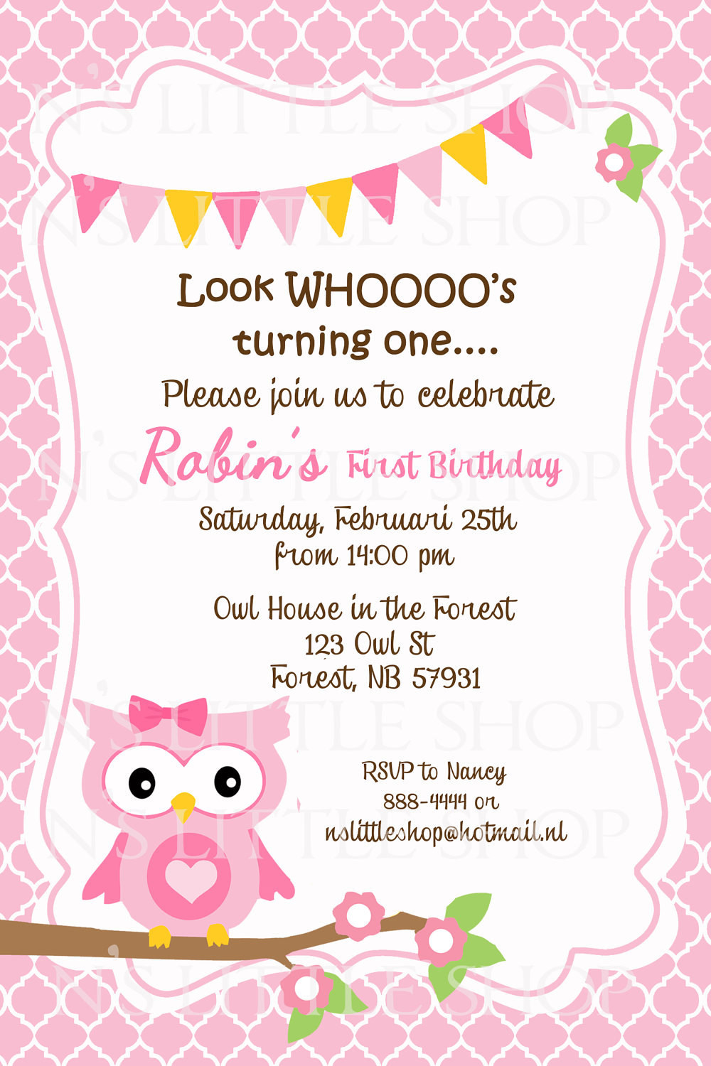 Birthday Card Invitation
 Pink OWL birthday invitation card customize by nslittleshop