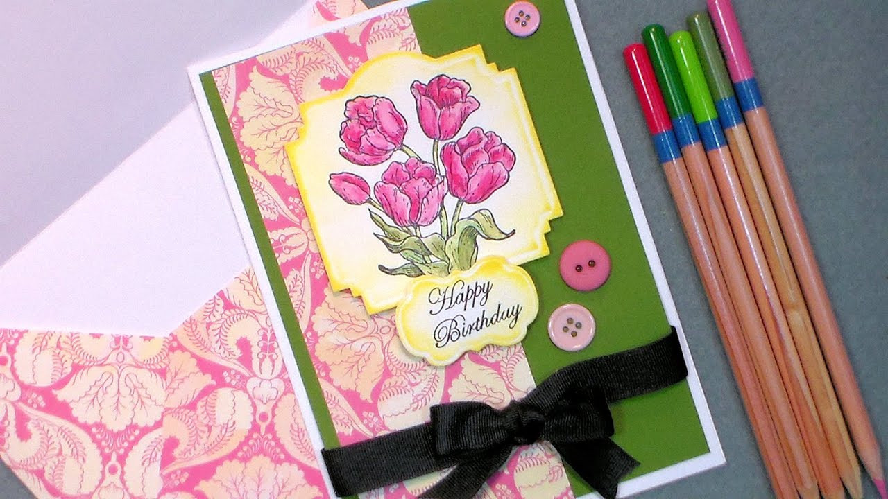 Birthday Cards
 Tulip Happy Birthday Card with Cheap Watercolor Pencils