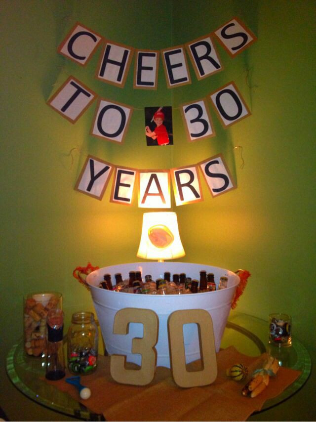 Birthday Party Ideas For Him
 Homemade "Cheers to 30 years" banner for the drink table