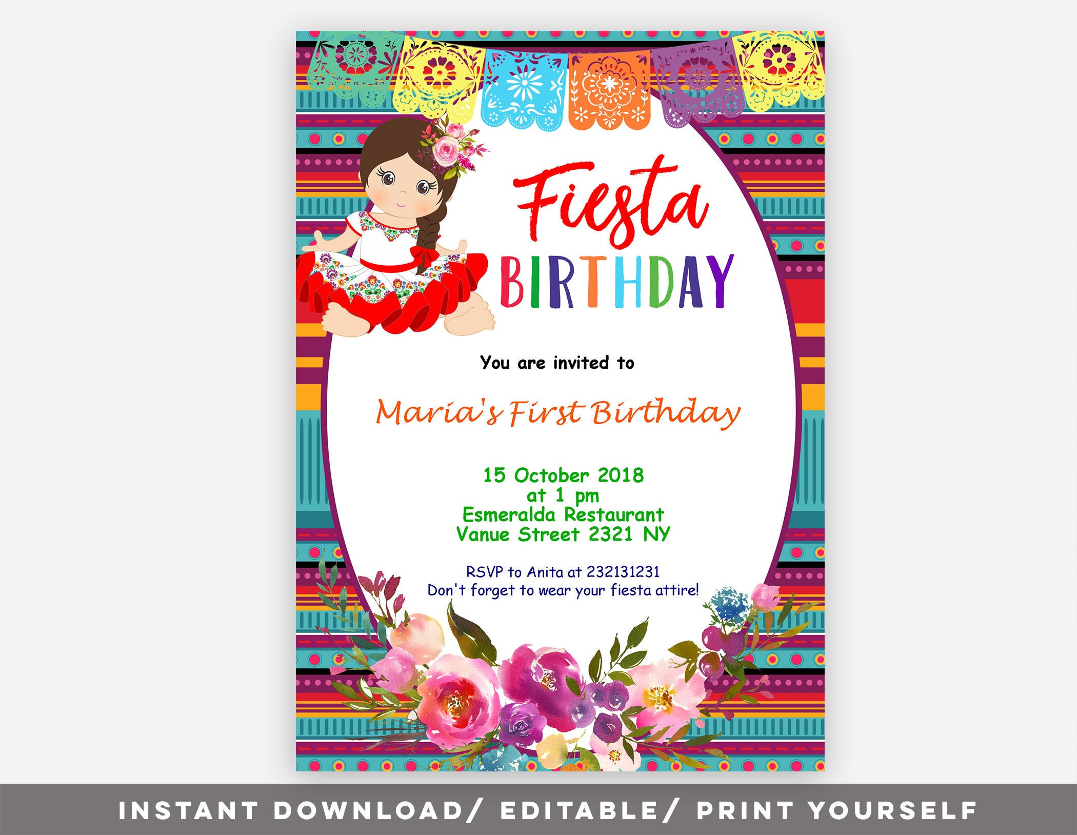 Birthday Party In Spanish
 Editable Fiesta Birthday Girl Invitation Mexican Girl