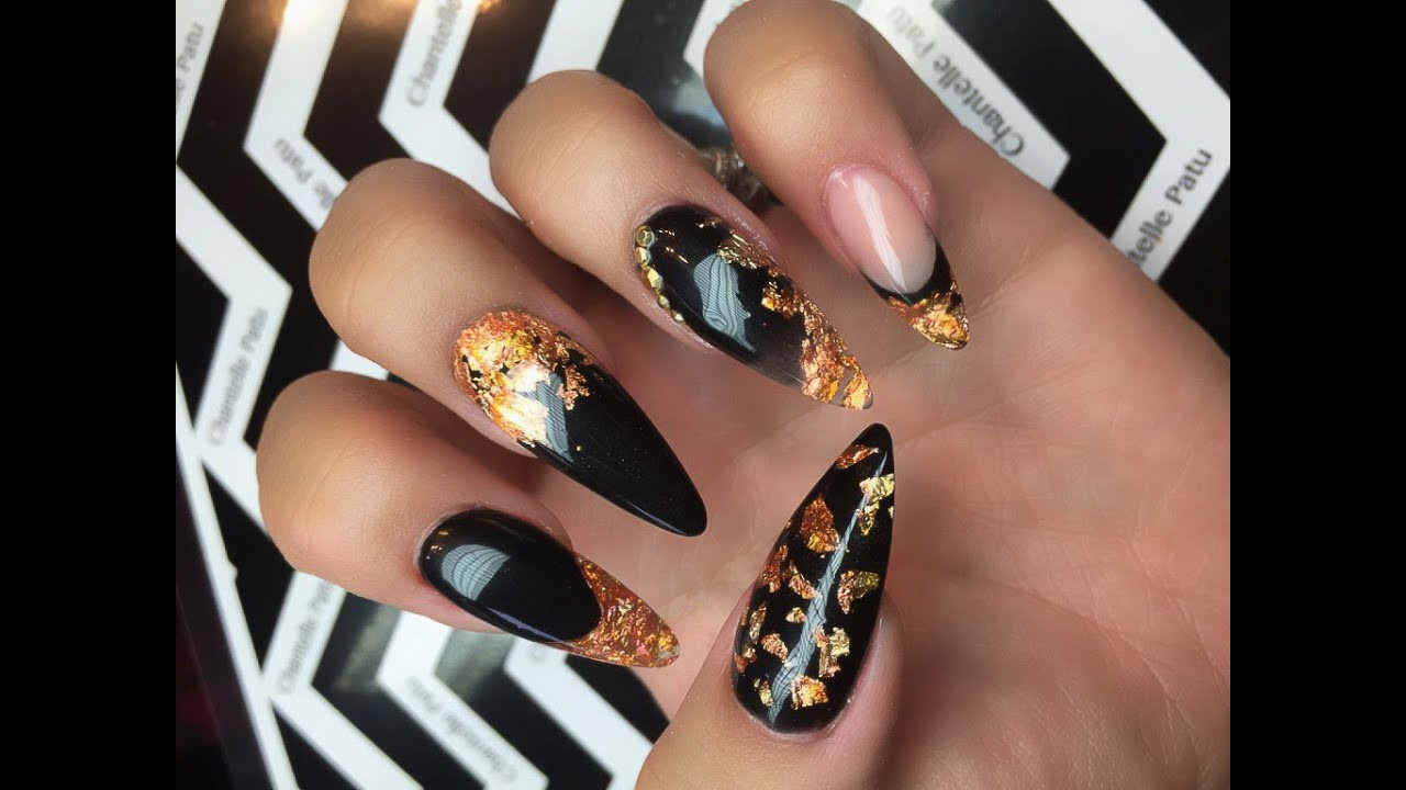 Black And Gold Nail Ideas
 ACRYLIC NAILS Black and Gold Leaf tutorial