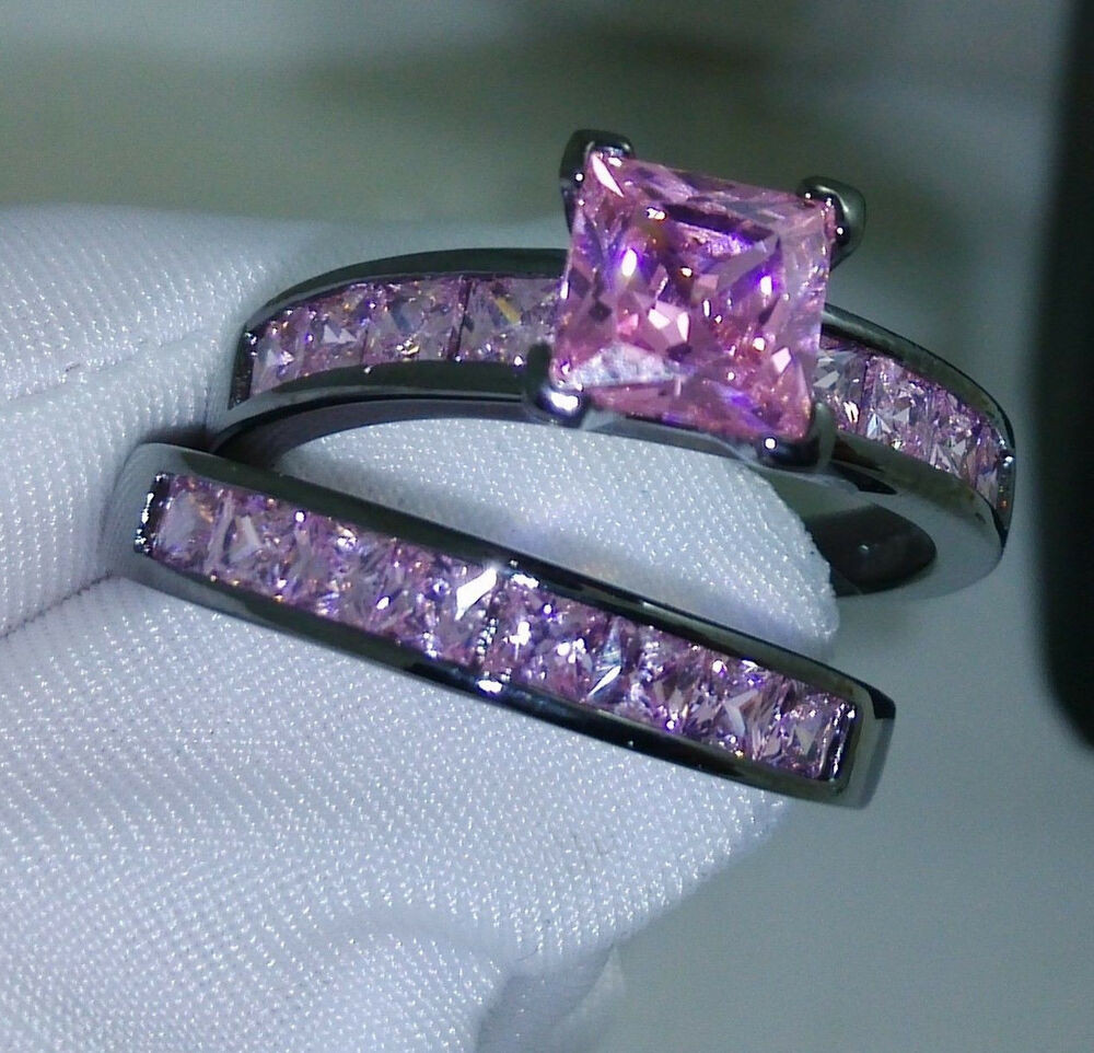 Black And Pink Wedding Rings
 Noble Pricess Cut Pink Sapphire 10KT Black Gold Filled