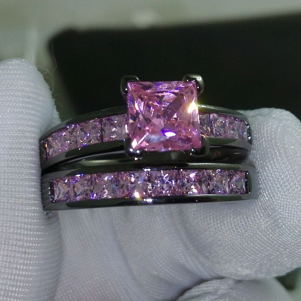 Black And Pink Wedding Rings
 Sz 5 10 Princess Cut Pink sapphire 10kt black Gold Filled