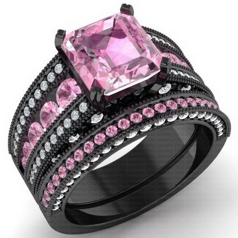Black And Pink Wedding Rings
 925 Black Sterling Silver CZ Moissanite Pink Radiant