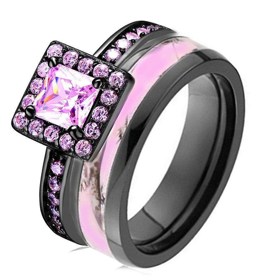 Black And Pink Wedding Rings
 Pink Camo Black 925 Sterling Silver & Titanium Engagement