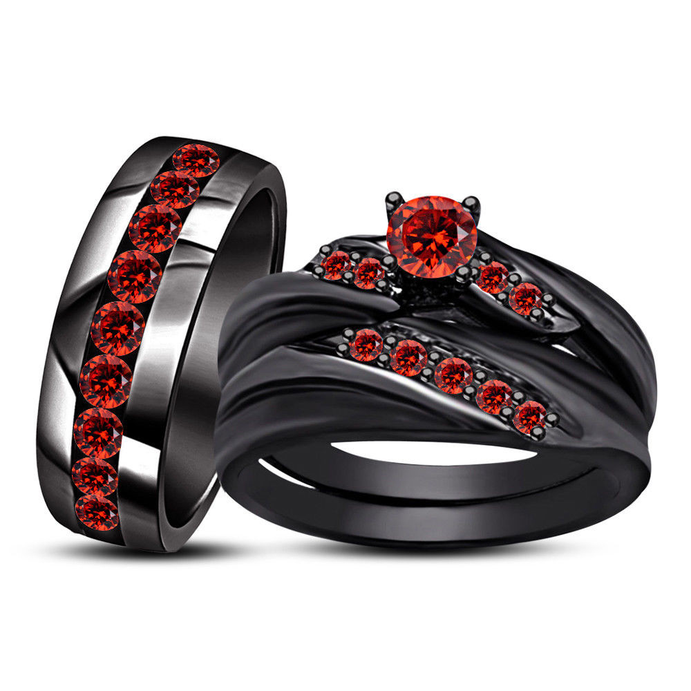Black And Red Wedding Ring Sets
 Women s Men s 14k Black Gold Fn 925 Silver Red Garnet