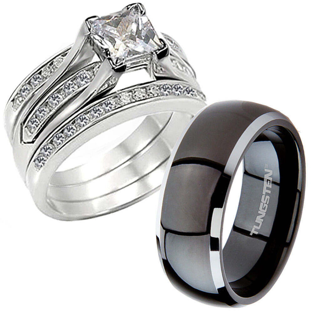 Black And Red Wedding Ring Sets
 Hers CZ 925 Sterling Silver His Black Titanium Wedding