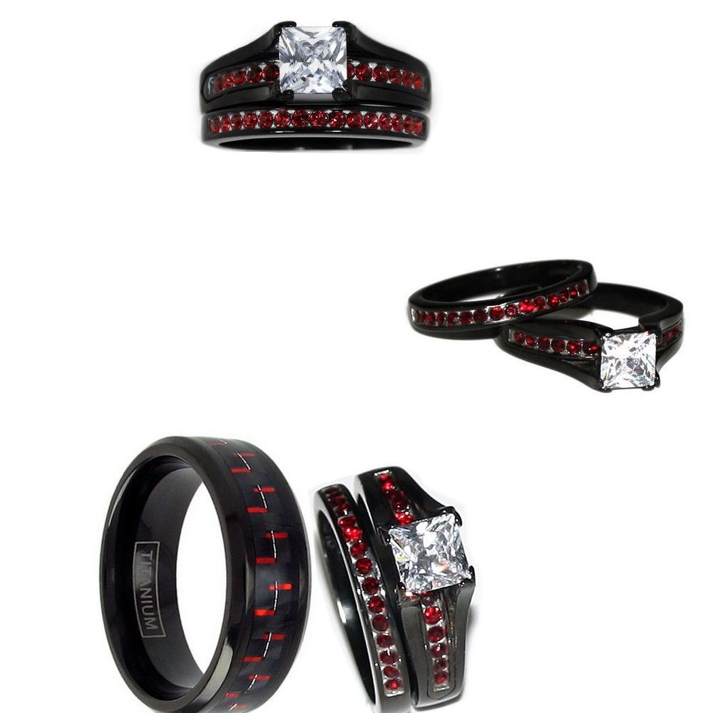 Black And Red Wedding Ring Sets
 HIS TITANIUM AND HER STAINLESS STEEL RED & BLACK CZ