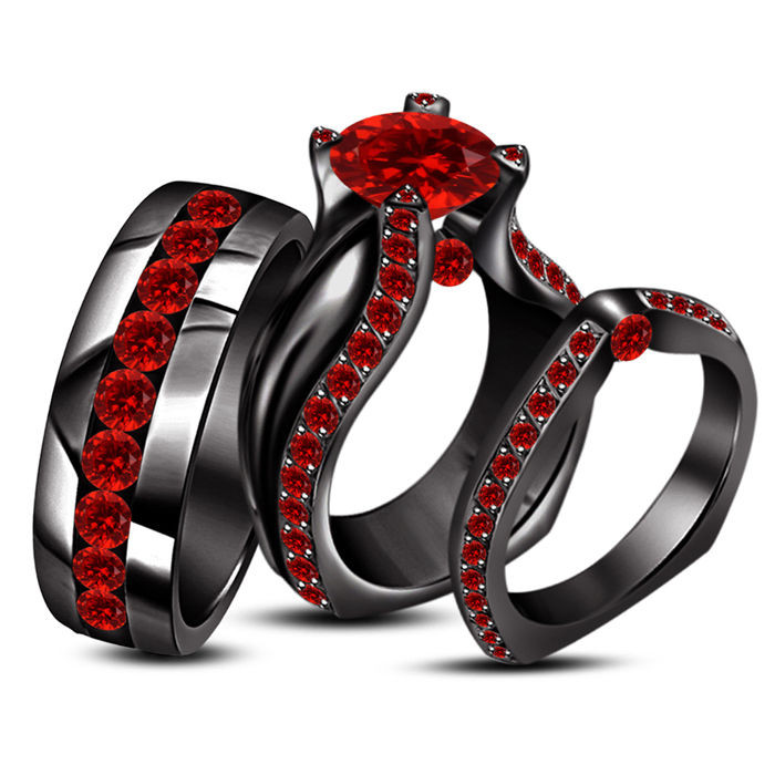 Black And Red Wedding Ring Sets
 2 20 Ct Red Garnet 14K Black Gold 925 Silver His & Her