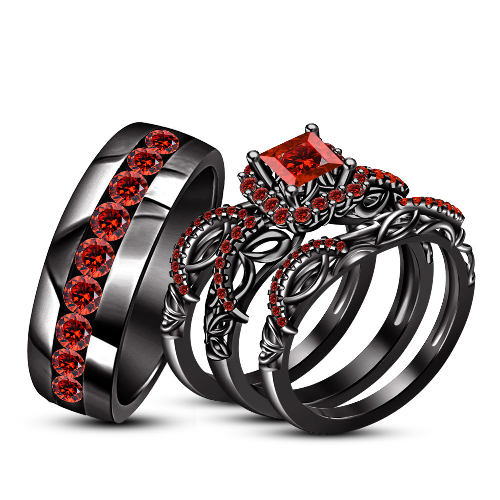 Black And Red Wedding Ring Sets
 His & Hers Red Garnet Engagement Ring Trio Set 14k Black