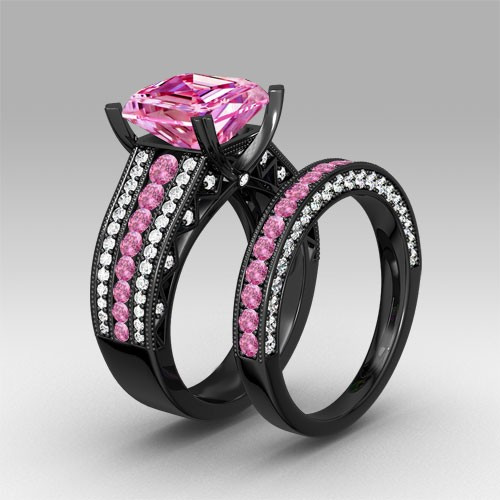 Black And Red Wedding Ring Sets
 Pink and White Cubic Zirconia Asscher Cut Engagement Ring