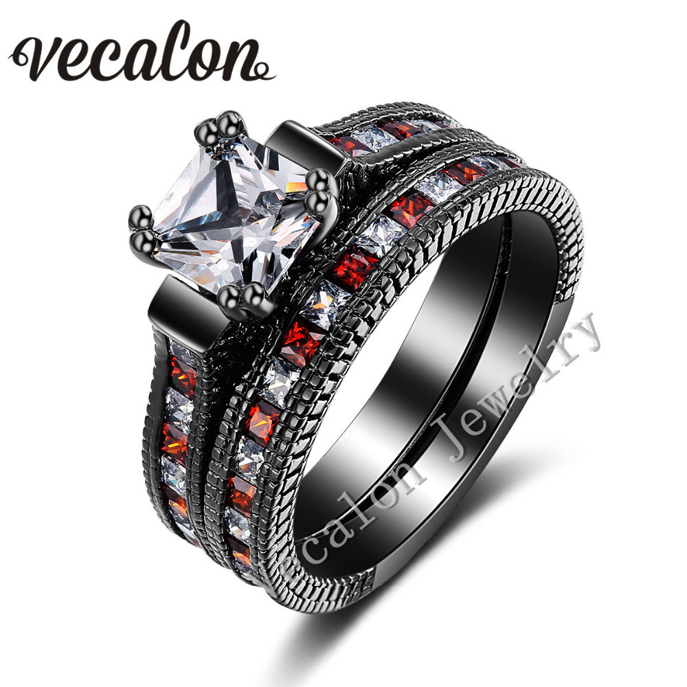 Black And Red Wedding Ring Sets
 Vecalon Antique Wedding Band Ring Set for Women Red Red