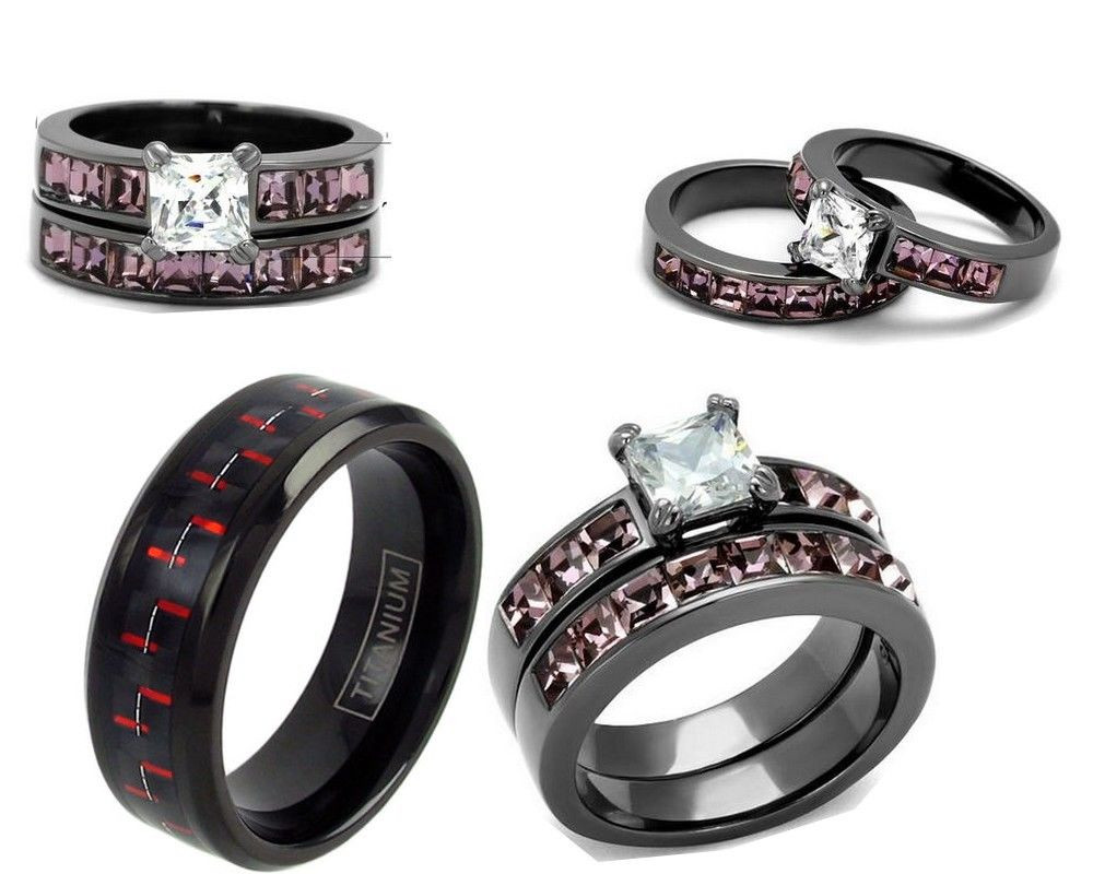 Black And Red Wedding Ring Sets
 His Tungsten Red and Her Pink CZ Light Black Stainless