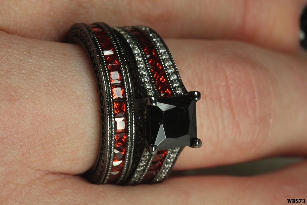 Black And Red Wedding Ring Sets
 Lovely Womens Black Rhodium Red Black White Stones