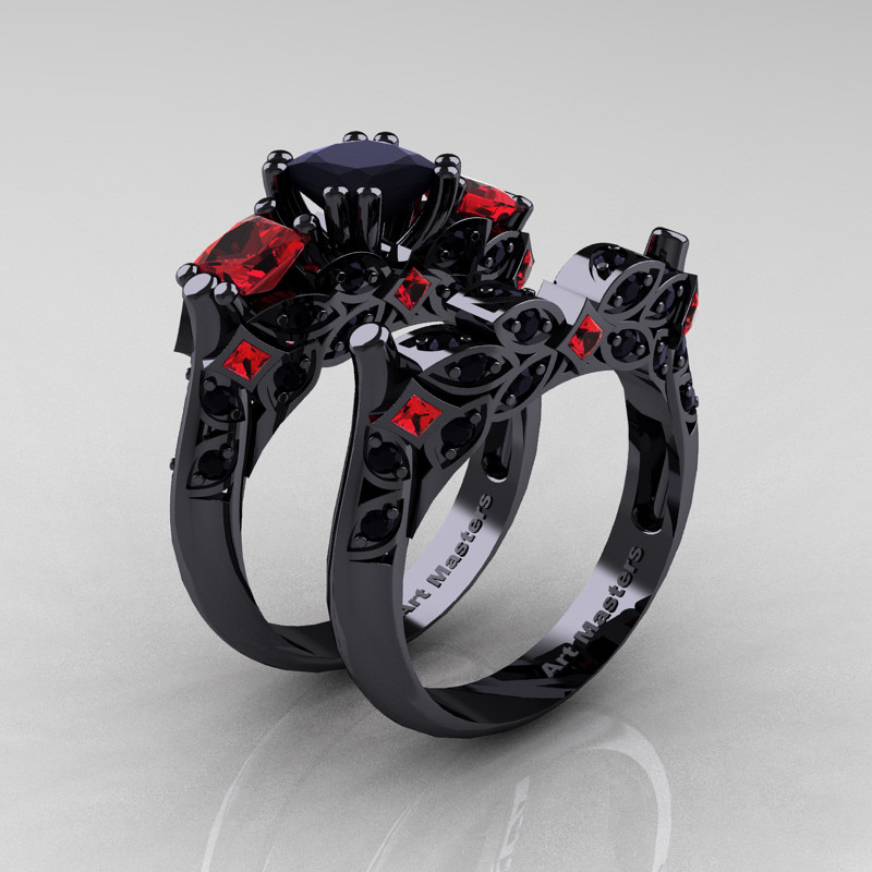 Black And Red Wedding Ring Sets
 Designer Classic 14K Black Gold Three Stone Princess Black