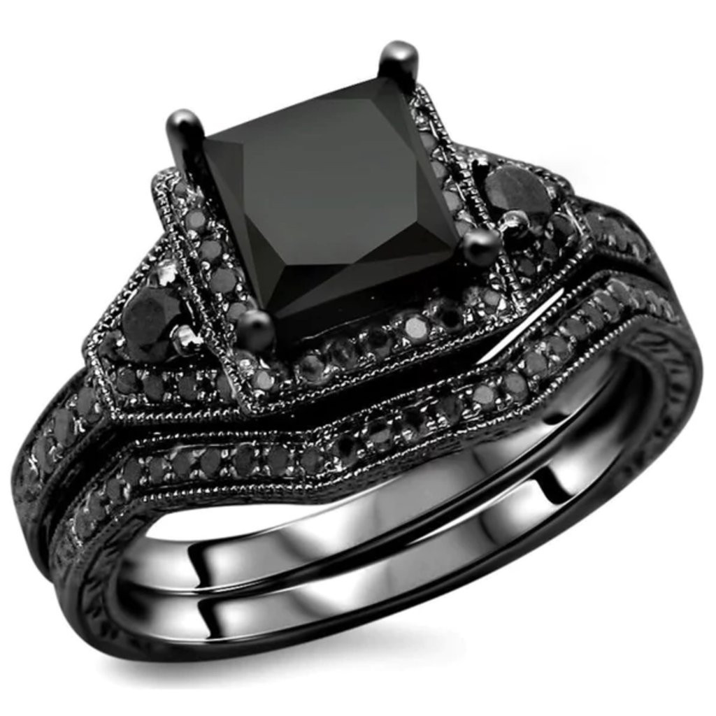 Black Diamond Wedding Ring Sets
 Black Diamond 925 Sterling Silver Engagement Ring Set