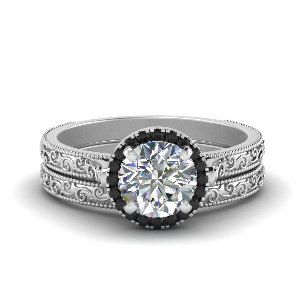 Black Diamond Wedding Ring Sets
 Hand Engraved Round Cut Halo Wedding Ring Set With Black