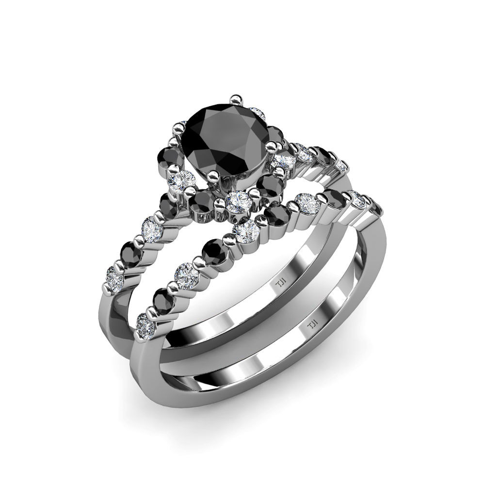 Black Diamond Wedding Ring Sets
 Black & White Diamond Halo Bridal Ring & Wedding Band Set