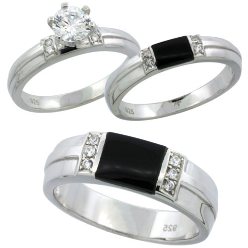 Black Onyx Wedding Ring
 Sterling Silver 1 25ct Simulated Diamond Trio Wedding Band