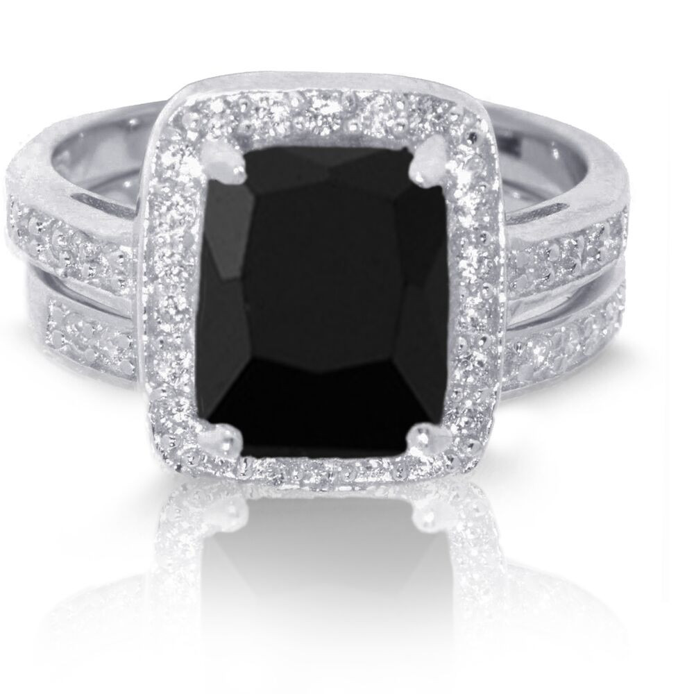 Black Onyx Wedding Ring
 Emerald Cut Black yx Wedding Engagement Sterling