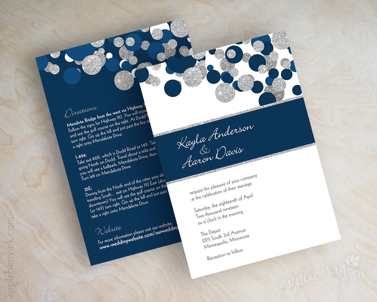 Blue And Silver Wedding Invitations
 Navy blue and silver glitter polka dot wedding invitations